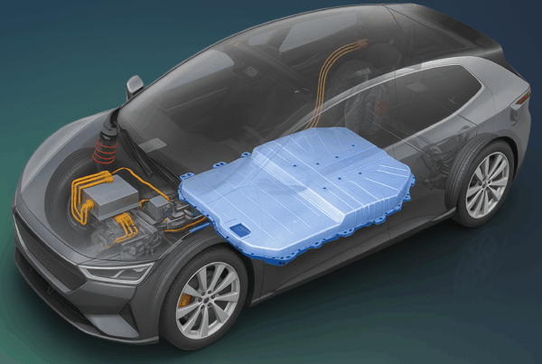 Une batterie de voiture électrique située sous le plancher d'un véhicule modélisé en 3D