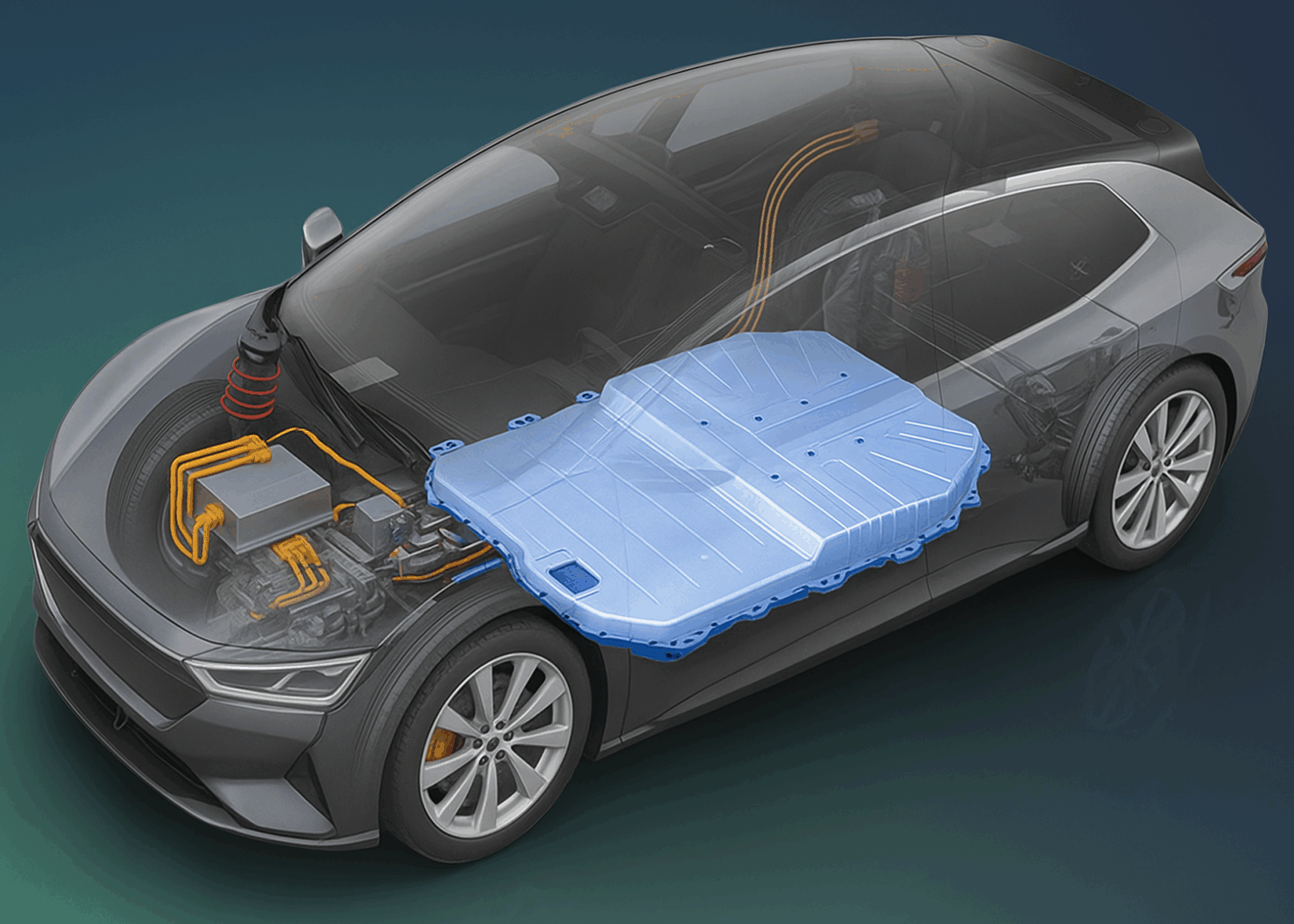 Une batterie de voiture électrique située sous le plancher d'un véhicule modélisé en 3D