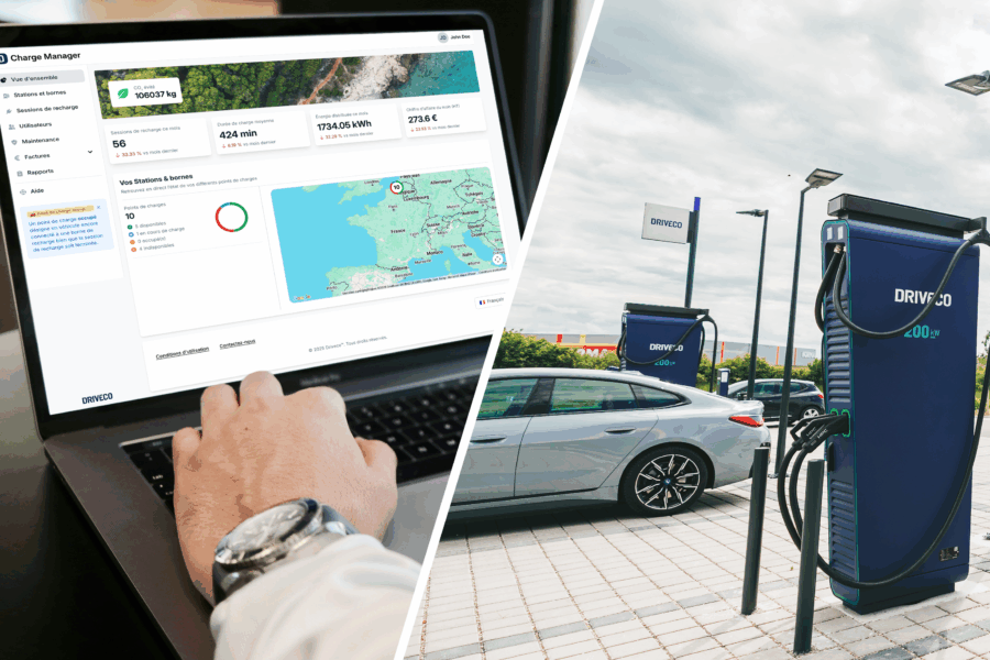L'écran affiche deux visuels : un ordinateur posé sur les genoux d'un utilisateur affichant le DRIVECO Charge Manager à gauche, une station DRIVECO avec un véhicule électrique garé devant une borne DRIVECO à droite