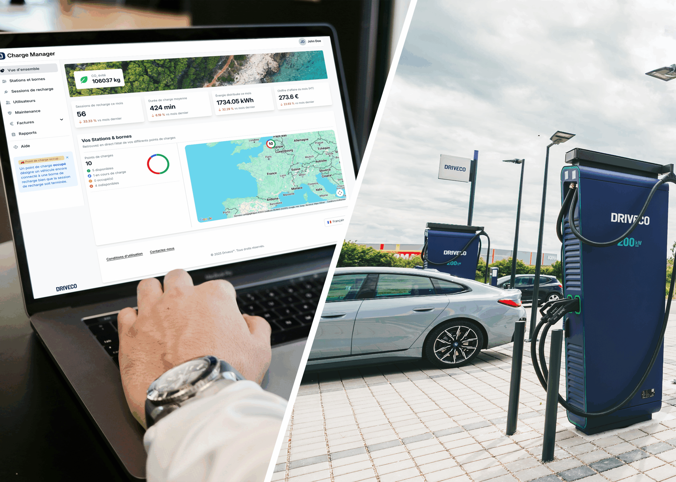 L'écran affiche deux visuels : un ordinateur posé sur les genoux d'un utilisateur affichant le DRIVECO Charge Manager à gauche, une station DRIVECO avec un véhicule électrique garé devant une borne DRIVECO à droite