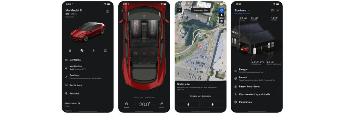Captures d'écran de l'app Tesla