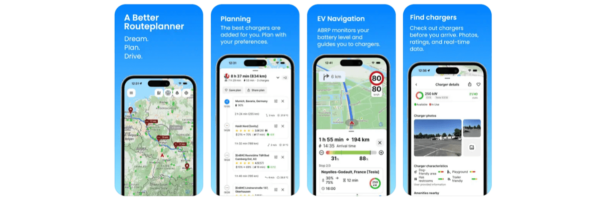 Captures d'écran de l'app ABRP