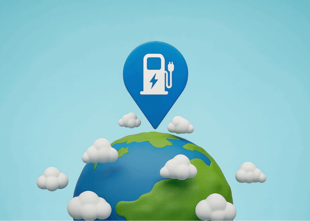 Une planète Terre est surmontée d'un pictogramme indiquant une borne de recharge électrique, pointant sur la surface de la Terre.