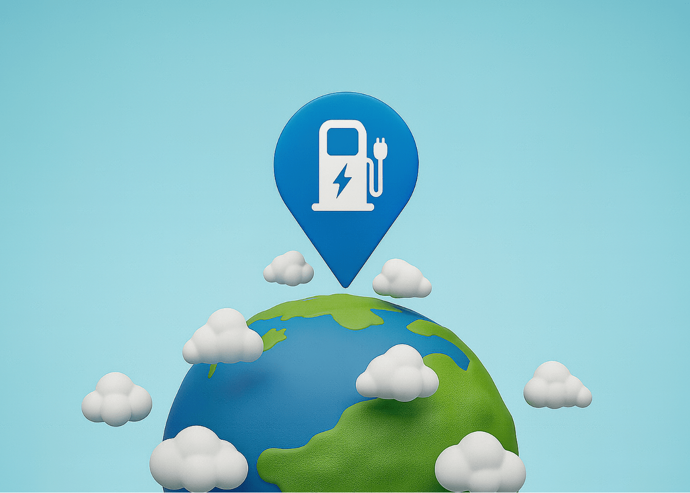 Une planète Terre est surmontée d'un pictogramme indiquant une borne de recharge électrique, pointant sur la surface de la Terre.