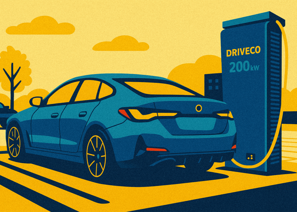 Une représentation en image de synthèse d'un véhicule électrique branché à une borne de recharge DRIVECO 200kW.