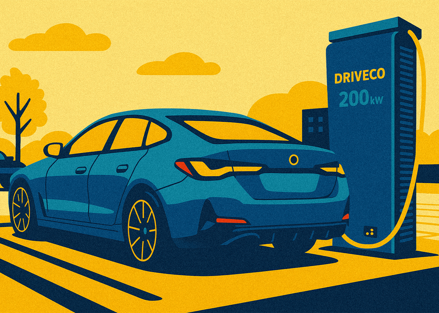 Une représentation en image de synthèse d'un véhicule électrique branché à une borne de recharge DRIVECO 200kW.