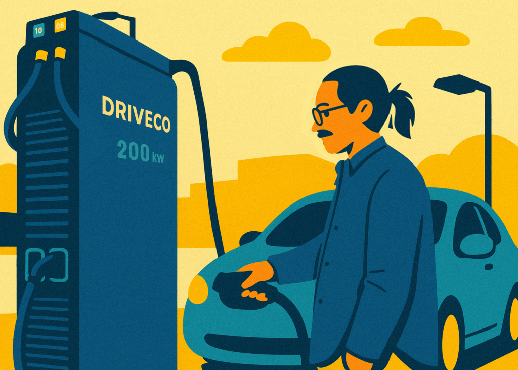 Illustration d’un homme branchant sa voiture électrique à une borne de recharge DRIVECO de 200 kW.