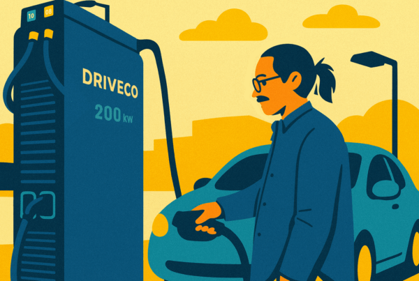 Illustration d’un homme branchant sa voiture électrique à une borne de recharge DRIVECO de 200 kW.