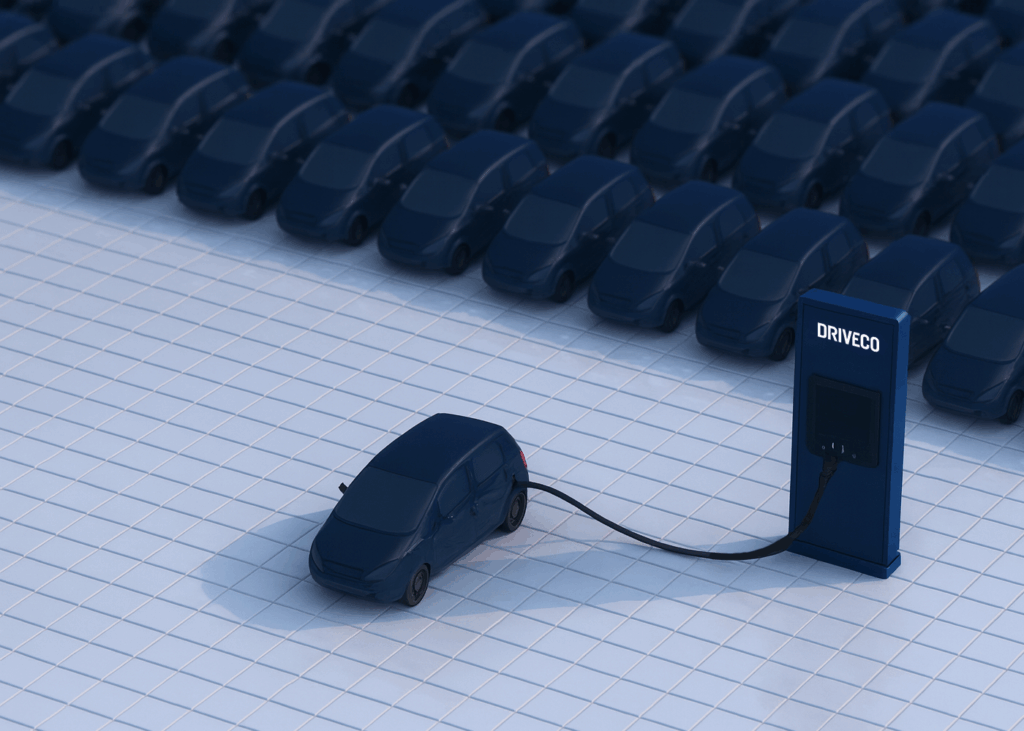 Véhicule électrique en recharge sur une borne DRIVECO avec une flotte de véhicules en arrière-plan