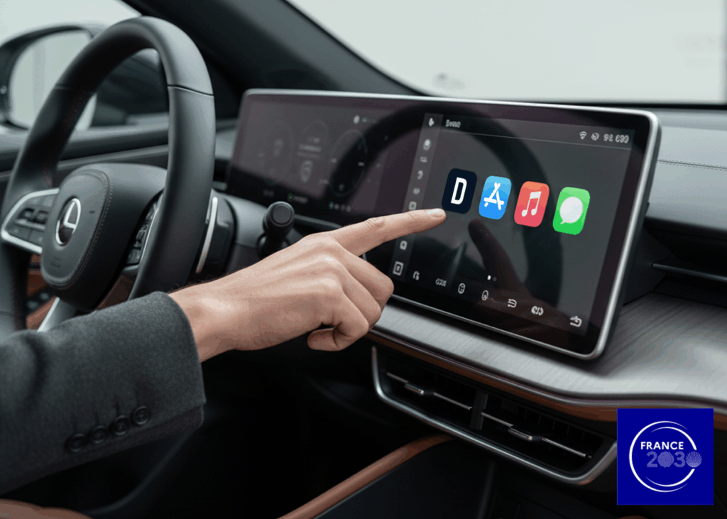 Vue passager d'un intérieur de véhicule avec la main du conducteur qui pointe vers l'écran tactile, affichant 4 icones d'app mobiles, dont celle de DRIVECO.