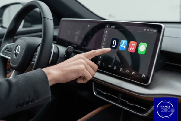 Vue passager d'un intérieur de véhicule avec la main du conducteur qui pointe vers l'écran tactile, affichant 4 icones d'app mobiles, dont celle de DRIVECO.