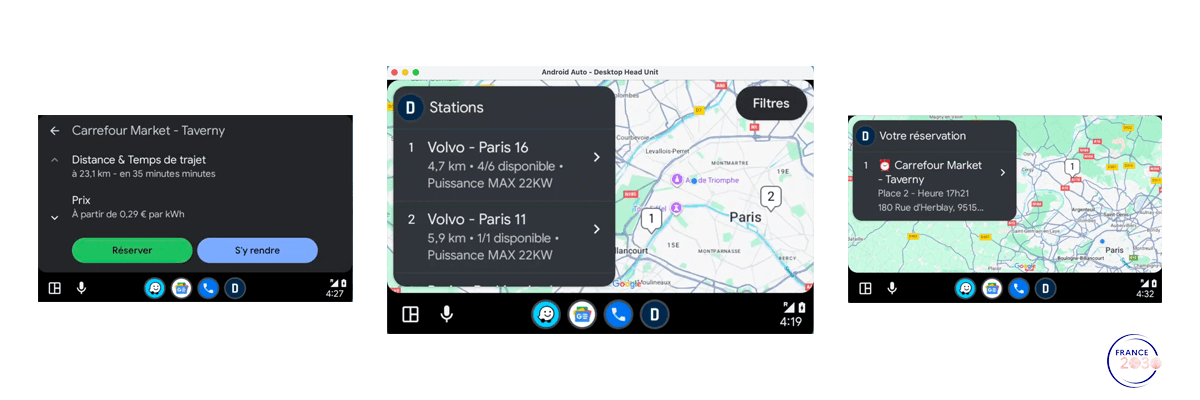 3 captures d'écran d'Android Auto affichant les écrans de l'app Android Auto