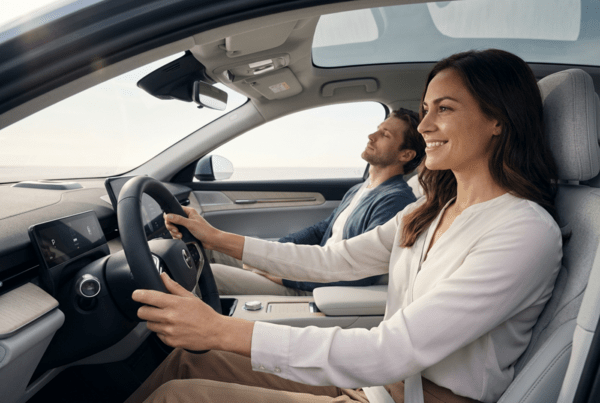 Femme souriante au volant d'une voiture électrique moderne avec toit panoramique, accompagnée d'un passager détendu.