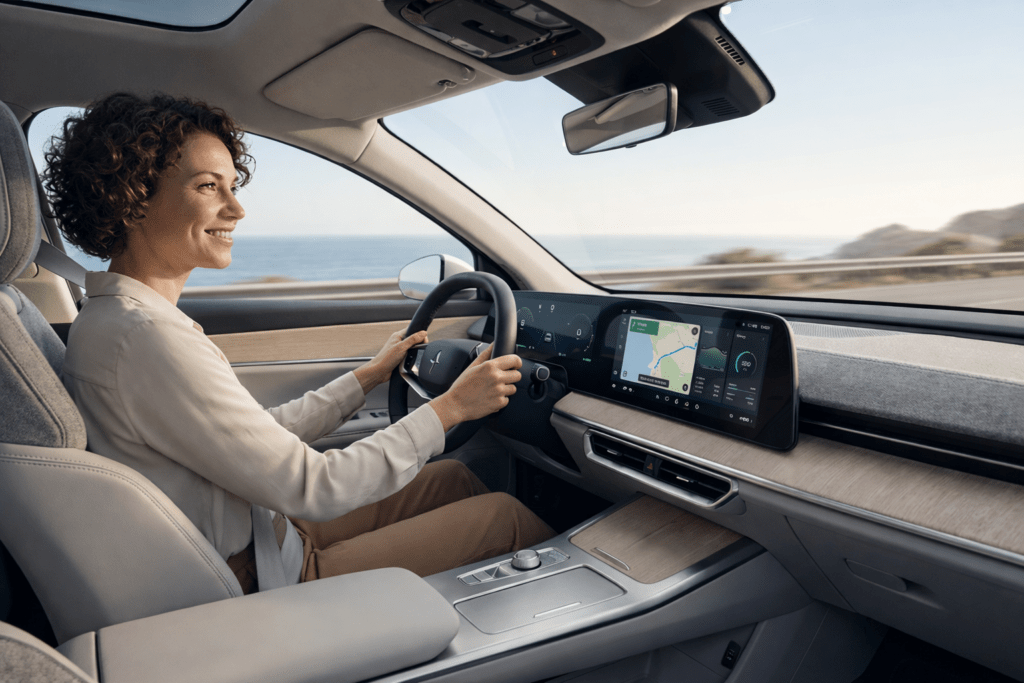 Femme souriante conduisant une voiture moderne avec tableau de bord numérique sur une route côtière au bord de l'océan.