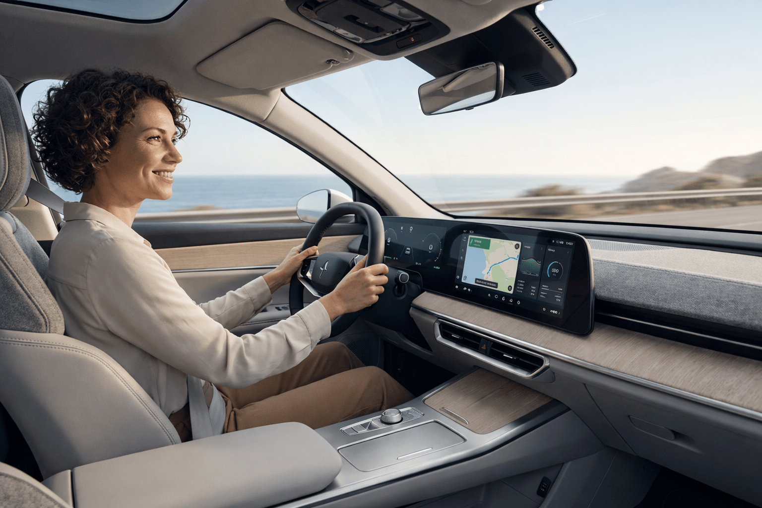 Femme souriante conduisant une voiture moderne avec tableau de bord numérique sur une route côtière au bord de l'océan.