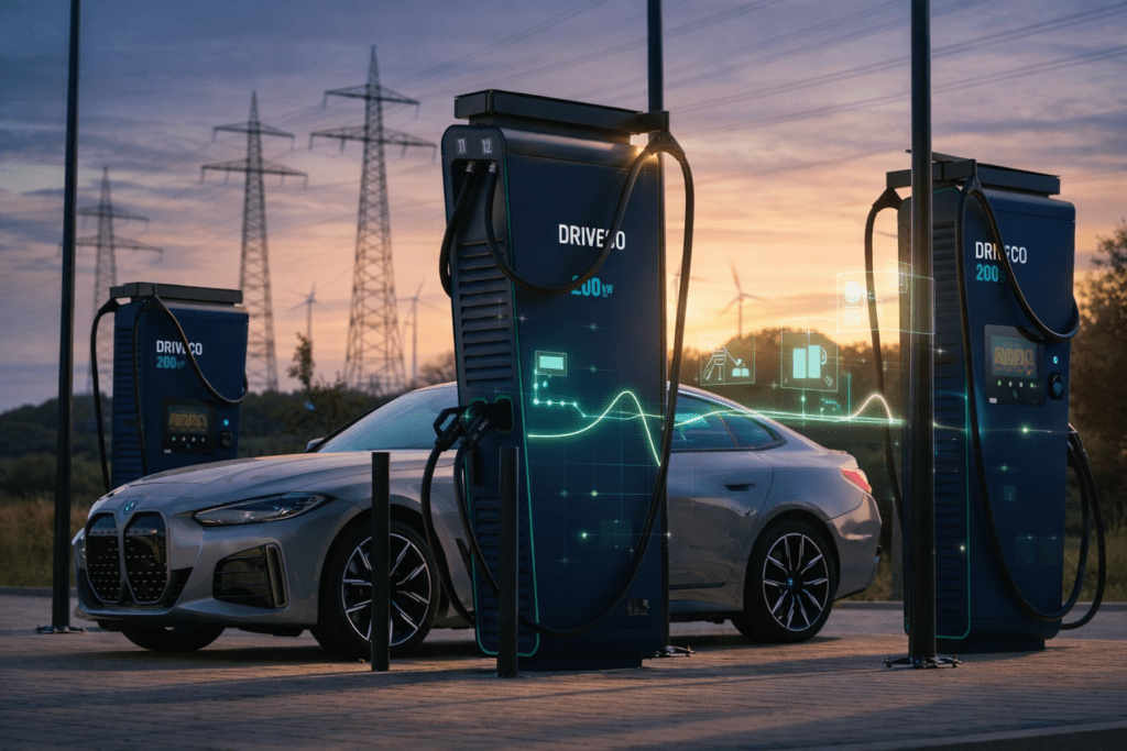 Une station DRIVECO de recharge pour véhicules électriques à la tombée de la nuit, une voiture grise BMW garée devant deux bornes et des flux ressemblant à des graphiques techniques apparaissent en surimpression devant les bornes DRIVECO.