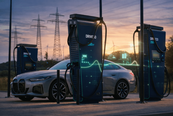 Une station DRIVECO de recharge pour véhicules électriques à la tombée de la nuit, une voiture grise BMW garée devant deux bornes et des flux ressemblant à des graphiques techniques apparaissent en surimpression devant les bornes DRIVECO.