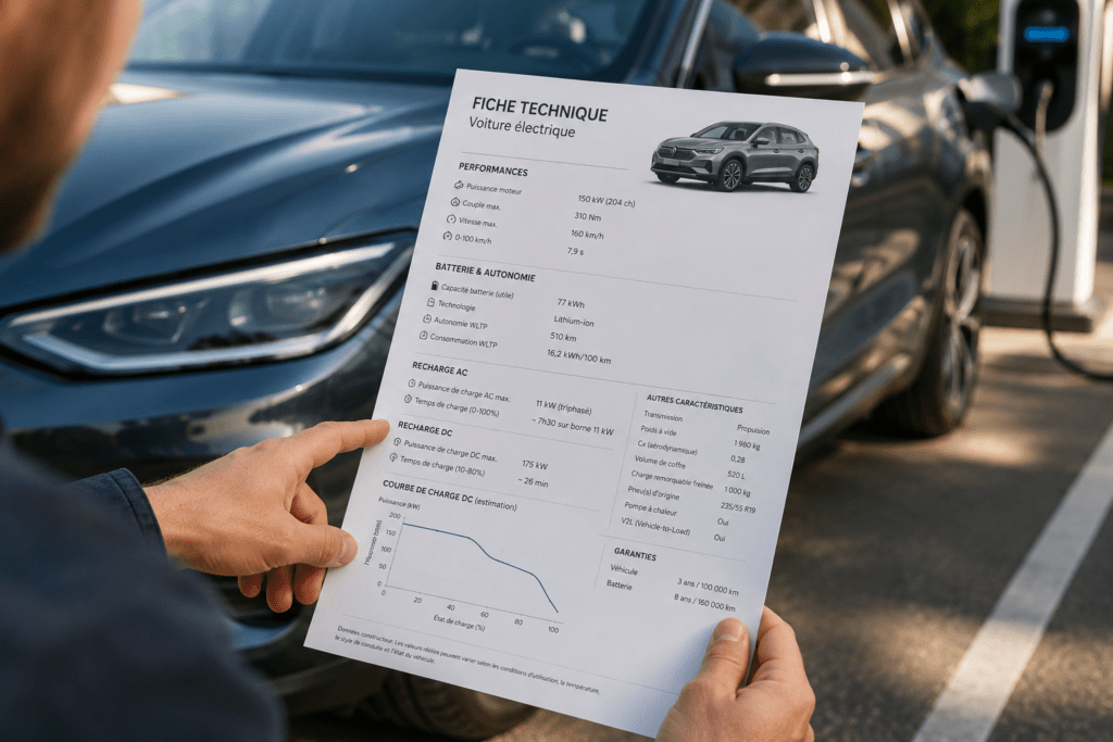 Un utilisateur consulte une fiche technique d'un véhicule électrique avec un VE en train de recharger en arrière plan