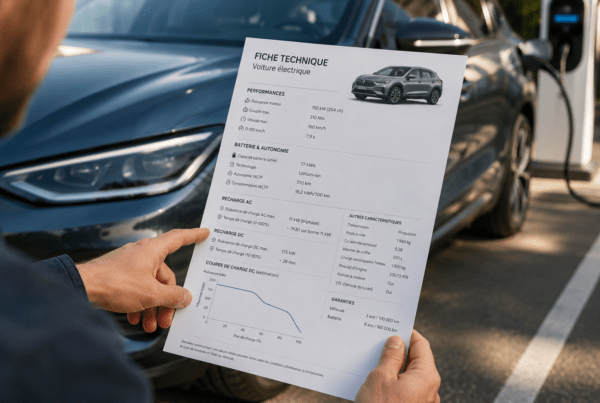 Un utilisateur consulte une fiche technique d'un véhicule électrique avec un VE en train de recharger en arrière plan