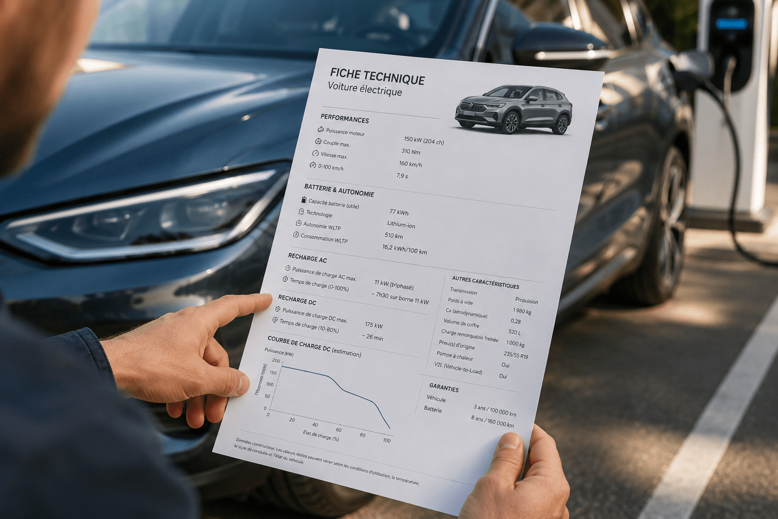 Un utilisateur consulte une fiche technique d'un véhicule électrique avec un VE en train de recharger en arrière plan